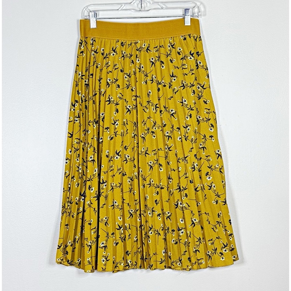 ANDI + JAMES Anthropologie Womens Pleated Floral Midi Skirt L Mustard Yellow